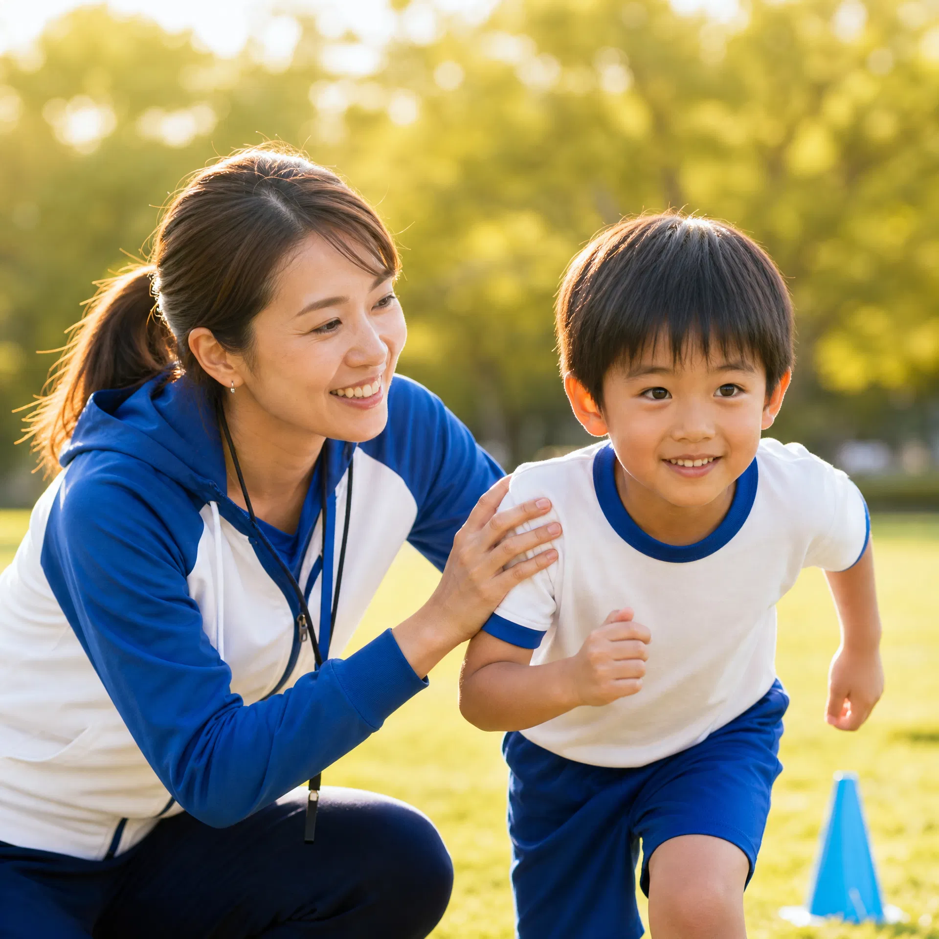 女性コーチが子どもに声をかけるレッスン風景イメージ